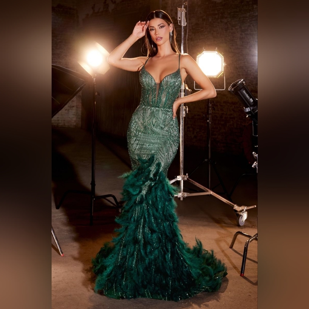 Green Fully Embellished & Feathered Mermaid Gown Style CC2308